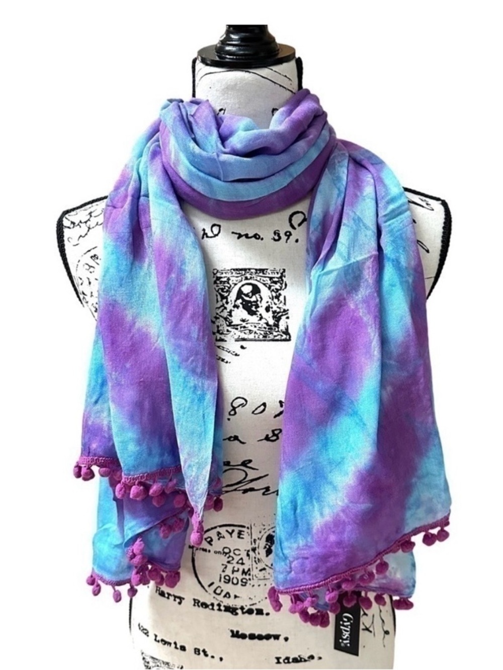 Gypsy 05 Tie Dye Scarf Pom Pom Tassel Blue Purple Rayon Wrap Boho New With Tags